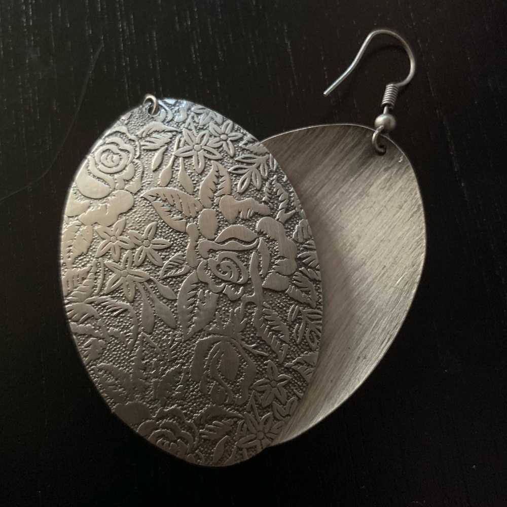 Silver Rose Lace Imprint Dangle Earrings
